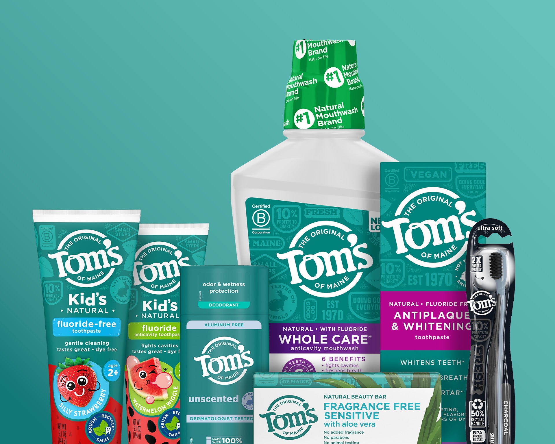 Collection of Tom's of Maine dental care products on a teal background